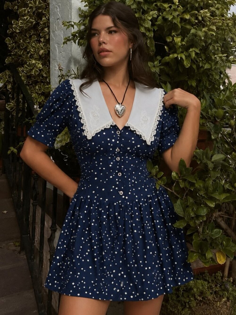 80s Navy Polka Dot Fit & Flare Dress Size Small Oversized Pilgrim Collar